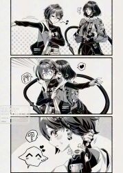  !? 2girls animal_ear_piercing animal_ears belle_(zenless_zone_zero) blush earrings heart highres jane_doe_(zenless_zone_zero) jewelry kiss kissing_neck monochrome mouse_ears mouse_girl mouse_tail multiple_girls musical_note muutsurose necklace short_hair spoken_heart spoken_interrobang spoken_musical_note tail zenless_zone_zero 