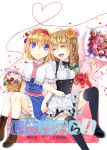  2girls :d ^_^ akayan alice_margatroid arm_hug blonde_hair blue_eyes bouquet bow braid closed_eyes cover cover_page doujin_cover flower hair_bow hair_ribbon hairband holding kirisame_marisa long_hair multiple_girls open_mouth ribbon short_hair single_braid sitting smile touhou translation_request 