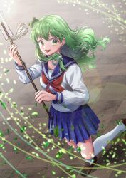  1girl alternate_costume blue_sailor_collar blue_skirt breasts commentary_request eye_contact frog_hair_ornament gohei green_eyes green_hair hair_ornament highres holding holding_gohei kochiya_sanae kyabekko leg_up lens_flare loafers looking_at_another looking_at_viewer medium_breasts open_mouth sailor_collar shirt shoes skirt smile solo touhou white_shirt 