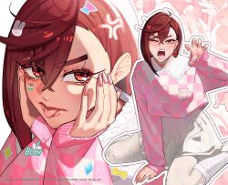  1girl :p absurdres ayase_momo bow bow_legwear brown_eyes brown_hair character_print checkered_sweater choker claw_pose collared_sweater commentary_request crossed_bangs dandadan earrings fingernails flower furrowed_brow hair_between_eyes hands_on_own_cheeks hands_on_own_face highres jacket jewelry kneeling long_fingernails looking_at_viewer medium_hair one_eye_closed open_mouth pants pantyhose pink_nails pink_sweater pleated_skirt skirt socks solo sweater tongue tongue_out white_choker white_pantyhose white_skirt white_socks yuqi_non 
