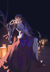  1girl bow bowtie brown_eyes brown_hair capybara_(trafficcone09) closed_mouth collared_shirt commentary_request frilled_shirt_collar frilled_sleeves frills frown highres houraisan_kaguya lantern lantern_on_liquid long_hair long_sleeves looking_at_viewer night paper_lantern red_skirt reflection reflective_liquid shirt sitting skirt solo touhou very_long_hair white_bow white_bowtie wide_sleeves 