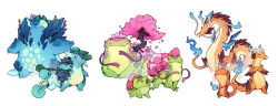  blastoise blue_fire bulbasaur charizard charmander charmeleon cherry_blossoms closed_mouth commentary english_commentary evolutionary_line fire ivysaur lily_pad plant pokemon pokemon_(creature) redesign simple_background squirtle starter_pokemon_trio venusaur vines wartortle white_background zestygrapefruit 