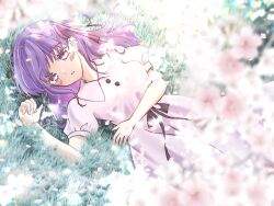  1girl blush breasts cherry_blossoms dress fate/stay_night fate_(series) from_above grass hair_ribbon highres long_hair looking_at_viewer lying marimohu_starry matou_sakura on_back purple_hair red_ribbon ribbon solo violet_eyes 