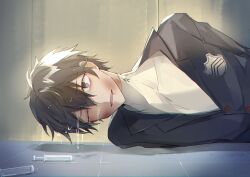  1boy absurdres amamiya_ren arms_behind_back black_hair black_jacket bruise bruise_on_face chromatic_aberration commentary_request grey_eyes hair_between_eyes highres injury jacket korean_commentary lying male_focus on_floor on_side one_eye_closed pang0920 parted_lips persona persona_5 school_uniform shirt short_hair shuujin_academy_school_uniform solo syringe tile_floor tiles upper_body water wet wet_face white_shirt 