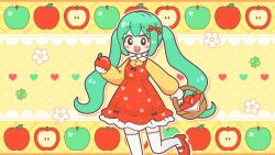  1girl apple basket blush_stickers bow chibi chibi_only clover commentary_request double-parted_bangs dress drop_shadow food foot_out_of_frame four-leaf_clover fruit fruit_background green_apple green_hair hair_bow hand_up hatsune_miku heart heart_background highres holding holding_basket holding_food holding_fruit leg_up long_hair looking_at_viewer mary_janes open_mouth outline red_bow red_dress red_shoes shirt shoes short_dress smile solo suzuki_arisa_(arisa0456) thigh-highs twintails very_long_hair vocaloid walking white_outline white_thighhighs yellow_background yellow_shirt zettai_ryouiki 