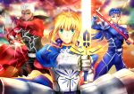  1girl 2boys archer electricity excalibur fate/stay_night fate_(series) gae_bolg glowing glowing_sword glowing_weapon highres kkuwa lancer multiple_boys polearm saber spear sword weapon 