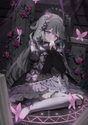  1girl bow bowtie bug butterfly butterfly_hair_ornament commentary_request commission crown dress flower frilled_dress frilled_skirt frilled_sleeves frilled_thighhighs frills goth_fashion gothic_lolita grey_hair hair_ornament halo heterochromia indie_virtual_youtuber kohaku_sogo lolita_fashion long_hair magic_circle magical_girl pink_butterfly pink_flower pink_rose plant praying rose sad shoes sitting skeb_commission skirt suzuse_nonomaru thigh-highs vines wariza x_hair_ornament 
