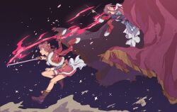  2girls :o aijo_karen attack_trail bell belt blue_background blue_jacket blue_skirt boots brown_boots brown_eyes brown_hair canon_event clenched_hand crown curtains defeat duel dust falling falling_petals film_grain fire from_side fur-trimmed_jacket fur_trim glasses glint hair_bell hair_ornament highres holding holding_sword holding_weapon hoshimi_junna jacket jacket_on_shoulders jumping lapels leaning_back leg_up light_trail long_hair long_sleeves low_side_ponytail mini_crown miniskirt multiple_girls notched_lapels one_side_up open_mouth parted_lips petals pin pleated_skirt possibility_of_puberty_(sword) profile purple_hair red_jacket red_sash red_skirt rei931218 sash short_hair shoujo_kageki_revue_starlight shoulder_sash side_ponytail single_horizontal_stripe skirt slashing stage_curtains striped_clothes striped_skirt sword tassel two-sided_fabric two-sided_jacket waist_cape weapon white_sash yellow_belt yellow_trim 