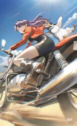  1girl absurdres ankle_boots artist_name bird black_boots black_dress blue_sky boots breasts brown_eyes clouds commentary day dress earrings floating_hair from_side grin highres jacket jewelry katsuragi_misato light_rays long_hair long_sleeves looking_at_viewer medium_breasts motor_vehicle motorcycle neon_genesis_evangelion on_motorcycle open_clothes open_jacket outdoors parisa_reaz penguin penpen purple_hair red_jacket riding sand sky smile solo stud_earrings sunbeam sunlight turning_head 