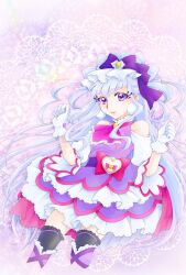  1girl aizen_(syoshiyuki) ascot black_thighhighs blue_hair boots bow bow-shaped_hair clothing_cutout collared_dress commentary_request cropped_legs cure_amour doily dress earrings eyelashes frilled_dress frills gloves highres hugtto!_precure jewelry light_smile long_hair looking_at_viewer magical_girl pom_pom_(clothes) pom_pom_earrings precure puffy_short_sleeves puffy_sleeves purple_background purple_dress ruru_amour sash short_sleeves shoulder_cutout solo thigh-highs thigh_boots two_side_up very_long_hair violet_eyes white_gloves 