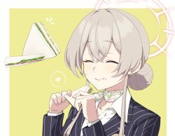  1girl ^_^ black_jacket blue_archive blush brown_hair closed_eyes closed_mouth collared_shirt eating food food_on_face hair_bun halo heart holding holding_food holding_sandwich inotukuhito jacket nagisa_(blue_archive) red_halo sandwich shirt sidelocks simple_background smile solo striped_clothes striped_jacket suit vertical-striped_clothes vertical-striped_jacket white_shirt yellow_background 