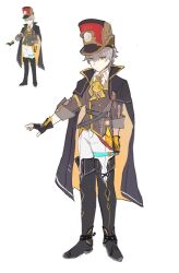  111shuiguoshang 1boy alternate_costume ascot belt black_belt black_boots black_cloak black_gloves boots brown_jacket buttons caelus_(honkai:_star_rail) cloak closed_mouth collared_shirt expressionless fingerless_gloves full_body gloves grey_hair hair_between_eyes hat honkai:_star_rail honkai_(series) jacket lapels long_sleeves looking_afar male_focus multiple_belts orange_eyes pants peaked_cap pocket_watch red_belt red_hat shirt short_hair simple_background solo standing tassel thigh_strap trailblazer_(honkai:_star_rail) two-sided_cloak two-sided_fabric watch white_background white_pants white_shirt yellow_ascot yellow_cloak 