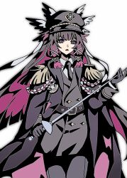  1girl aiguillette alternate_costume belt belt_buckle black_coat black_gloves black_hair black_hat black_jacket black_necktie black_pants buckle buttons coat collared_shirt columbina_(genshin_impact) commentary cowboy_shot double-breasted epaulettes fatui_logo genshin_impact gloves hair_between_eyes hair_ornament hand_on_headwear hat highres holding holding_sword holding_weapon jacket liuyun_(liuyun73492) long_hair long_sidelocks long_sleeves looking_at_viewer military_hat military_jacket military_uniform multicolored_hair necktie open_clothes open_coat pants portrait purple_hair rapier shirt sidelocks simple_background solo sword two-sided_coat two-sided_fabric two-tone_hair upper_body violet_eyes weapon white_background white_shirt wing_hair_ornament wings 