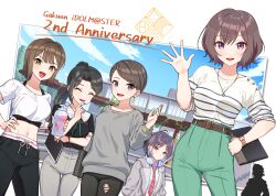  1boy 5girls anniversary black_hair bottle brown_hair commentary_request copyright_name cropped_shirt dance_trainer_(gakuen_idolmaster) dutch_angle gakuen_idolmaster green_pants grey_jacket headphones headphones_around_neck highres holding holding_bottle idolmaster jacket jewelry juo_kunio kamille_(vcx68) looking_at_viewer mashiro_yu multiple_girls navel necklace neo_asari pants ponytail school_uniform shirt shirt_tucked_in short_hair silhouette stomach striped_clothes striped_shirt swept_bangs visual_trainer_(gakuen_idolmaster) vocal_trainer_(gakuen_idolmaster) watch watch white_shirt 