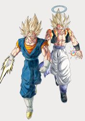  2boys absurdres arm_blade black_vest blue_halo blue_pants blue_sash blue_shirt boots cropped_vest dragon_ball dragon_ball_z energy_ball energy_blade full_body gloves gogeta halo highres kuno_maru male_focus metamoran_vest multiple_boys muscular muscular_male no_shirt orange_shirt pants sash shirt super_saiyan super_saiyan_1 vegetto vest walking weapon white_boots white_gloves white_pants 