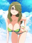 1girl adjusting_clothes adjusting_swimsuit artist_request bent_over bikini breasts brown_eyes chousoku_henkei_gyrozetter clouds cowboy_shot female glasses green_bikini green_hair hair_over_one_eye highres large_breasts long_hair parted_lips semi-rimless_glasses shoudou_kotoha solo source_request sweat swimsuit under-rim_glasses 
