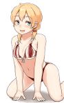  1girl :d bikini blonde_hair blue_eyes blush breasts cleavage kantai_collection long_hair open_mouth prinz_eugen_(kantai_collection) red_bikini satsuki_neko shadow simple_background smile solo striped striped_bikini striped_swimsuit swimsuit twintails underboob white_background 