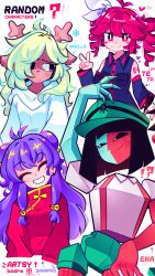  !? 4girls ^_^ animal_ears antenna_hair antlers aqua_skin arm_up arrow_(symbol) artist_name badre_artsy bare_shoulders bell black_eyes black_hair black_shirt black_sleeves blue_eyes blunt_bangs blunt_ends blush_stickers bob_cut bow breast_pocket breasts buttons character_name china_dress chinese_clothes closed_eyes closed_mouth collared_shirt colored_skin commentary cropped_torso crossover deer_antlers deer_ears deer_girl deltarune detached_sleeves double_bun dress drill_hair east-west_crossover empty_eyes ena:_dream_bbq ena_(dream_bbq) ena_(series) ena_(species) english_commentary english_text facing_viewer freckles furrowed_brow furry furry_female green_hat green_shorts grin hair_bell hair_bow hair_bun hair_ornament hair_over_one_eye hand_up hat heart highres hooded_robe horns jitome kasane_teto kasane_teto_(utau) long_hair long_sleeves looking_at_viewer meanie_ena medium_breasts multicolored_skin multiple_crossover multiple_girls noelle_holiday noelle_holiday_(dark_world) number_tattoo pocket purple_hair ranma_1/2 red_dress red_eyes red_hair red_skin red_trim robe salesperson_ena shampoo_(ranma_1/2) shirt short_shorts short_sleeves shorts shoulder_tattoo simple_background sleeveless sleeveless_shirt smile snowflakes split-color_skin split_mouth tattoo teeth twin_drills two-tone_skin upper_body utau utdr_(toby_fox) v white_background white_bow white_robe white_shirt wide_sleeves worried yellow_trim 