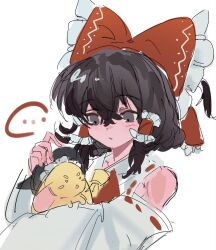  ... 1girl animal animalization ascot black_hat bow brown_eyes brown_hair commentary detached_sleeves frilled_bow frilled_hair_tubes frills hair_bow hair_tubes hakurei_reimu hat highres holding holding_animal kouyicha long_hair red_bow ribbon-trimmed_sleeves ribbon_trim romaji_commentary simple_background sketch spoken_ellipsis touhou upper_body white_background witch_hat yellow_ascot 