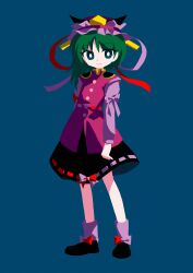 1girl absurdres alternate_color asymmetrical_hair black_shoes black_skirt blue_background blue_eyes bright_pupils closed_mouth commentary d2dtsst epaulettes frilled_hat frills full_body green_hair hat highres long_hair long_sleeves looking_at_viewer pink_hat pink_vest purple_shirt purple_socks ribbon-trimmed_skirt ribbon_trim shiki_eiki shirt shoes simple_background skirt sleeve_bow smile socks solo touhou vest white_pupils 