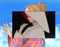  1girl black_background blonde_hair blue_sky chyup5 closed_mouth cup from_side gintama green_sash hand_up highres holding holding_cup japanese_clothes kimono okita_mitsuba pink_kimono ponytail revealing_layer sash shiromuku sky solo uchikake unhappy wataboushi waving wedding white_kimono wide_sleeves 