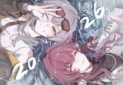  2026 2girls bare_shoulders black-framed_eyewear black_jacket black_sweater breasts brown-tinted_eyewear brown_ribbon closed_eyes closed_mouth commentary day dress eyelashes eyewear_on_head flower grey_hair hair_between_eyes hair_flower hair_ornament hand_up highres honkai:_star_rail honkai_(series) jacket jewelry kafka_(good_me)_(honkai:_star_rail) kafka_(honkai:_star_rail) lapels long_hair long_sleeves looking_at_viewer looking_up low_ponytail lying medium_breasts multiple_girls necklace official_alternate_costume on_back one_eye_closed open_clothes open_jacket outdoors pink_lips ponytail puffy_long_sleeves puffy_sleeves purple_hair ribbon rose sidelocks sleeveless sleeveless_dress smile stelle_(honkai:_star_rail) stelle_(world_tour_2023)_(honkai:_star_rail) sunglasses sweater teeth tinted_eyewear trailblazer_(honkai:_star_rail) turtleneck turtleneck_dress turtleneck_sweater two-sided_fabric two-sided_jacket upper_body water wavy_hair white_dress white_flower white_jacket white_rose yellow_eyes yellow_jacket yunzhongxing 
