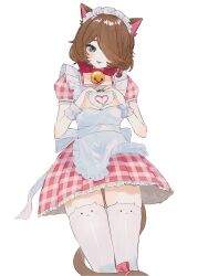 1girl animal_ears apron bell blue_eyes blush bow braid brown_hair cat_ears cat_girl cat_tail commission hair_bow hair_over_one_eye heart heart_hands highres indie_virtual_youtuber maid maid_apron maid_headdress mechiru neck_bell plaid_clothes second-party_source short_hair smile tail thigh-highs tongue tongue_out virtual_youtuber whimzee_(vtuber) zettai_ryouiki 