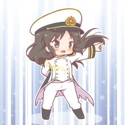  1girl :d arm_behind_back black_boots black_hair blush boots brown_eyes chibi commentary_request floating_hair hat idolmaster idolmaster_cinderella_girls jacket long_hair mitarashi_neko outstretched_arm pants peaked_cap pointing seizon_honnou_valkyria_(idolmaster) shadow smile solo standing tachibana_arisu torn_clothes torn_jacket v-shaped_eyebrows very_long_hair white_hat white_jacket white_pants 