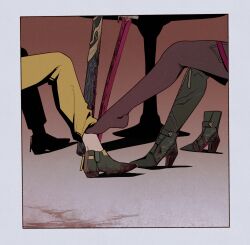  2girls black_boots black_shoes blood blood_on_ground blood_on_shoes boots border commentary commission english_commentary foot_on_another's_leg grey_border hewoweens high_heel_boots high_heels highres honkai:_star_rail honkai_(series) kafka_(honkai:_star_rail) multiple_girls pants pantyhose purple_pantyhose second-party_source shoes stelle_(honkai:_star_rail) sword table thigh_boots trailblazer_(honkai:_star_rail) weapon yellow_pants yuri 