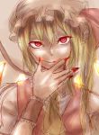  1girl ascot blonde_hair blouse bow flandre_scarlet hand_to_own_mouth hat hat_bow long_hair looking_at_viewer mob_cap portrait red_eyes side_ponytail sketch solo somsom tongue tongue_out touhou vest wings wrist_cuffs 