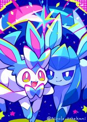  alternate_color blue_eyes bow bright_pupils closed_mouth commentary_request fang glaceon highres looking_at_viewer nikoru no_humans open_mouth pink_eyes pokemon pokemon_(creature) pokemon_focus ribbon shiny_pokemon sidelocks smile sparkle sylveon tail twitter_username white_pupils 