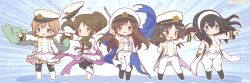  >:( 5girls aiba_yumi arm_behind_back black_boots black_hair black_pantyhose black_thighhighs blue_eyes blush boots brown_eyes brown_hair cape chibi closed_mouth colored_shadow commentary_request flag floating_hair green_cape hair_between_eyes hairband hat highres holding holding_flag idolmaster idolmaster_cinderella_girls jacket light_frown long_hair long_sleeves mitarashi_neko multiple_girls nitta_minami outstretched_arm pants pantyhose peaked_cap pleated_skirt pointing ponytail sagisawa_fumika seizon_honnou_valkyria_(idolmaster) shadow skirt standing tachibana_arisu takamori_aiko thigh-highs thighhighs_under_boots torn_cape torn_clothes torn_jacket torn_pantyhose unworn_hat unworn_headwear v-shaped_eyebrows very_long_hair white_boots white_hairband white_hat white_jacket white_pants white_skirt yellow_eyes 