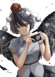 1girl absurdres baiterux bird_wings black_hair black_skirt black_wings bob_cut breasts camera closed_mouth commentary_request feathered_wings hair_between_eyes hands_up hat highres holding holding_camera leaning_to_the_side light_smile looking_at_viewer loose_hair_strand medium_breasts pom_pom_(clothes) red_eyes red_hat shameimaru_aya shirt short_hair short_sleeves sketch skirt smile solo taking_picture tokin_hat touhou two-handed white_background white_shirt wind wings 