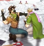  astkcrts bomber_hat brown_hair caesar_anthonio_zeppeli denim hat jacket jeans jojo_no_kimyou_na_bouken joseph_joestar_(young) leg_warmers loggins_(jojo) long_coat mask messina_(jojo) pants scarf snow snowball snowball_fight 