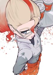  1girl black_bow black_bowtie blonde_hair blue_eyes bow bowtie collared_shirt commentary_request cup disposable_coffee_cup disposable_cup glasses grey_shirt griselle_(pokemon) hair_between_eyes hand_on_own_hip highres holding holding_poke_ball holding_tray long_sleeves multicolored_hair poke_ball poke_ball_(basic) pokemon pokemon_legends:_z-a red_hair shirt signature simple_background tray two-tone_hair white-framed_eyewear yate282 