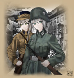  2girls 6+boys :| absurdres army belt belt_buckle black_belt black_hat bolt_action border breast_pocket brown_border brown_hat brown_necktie brown_pants brown_shirt buckle building buttons chinese_commentary clenched_hand closed_mouth collar_tabs collared_jacket combat_helmet commentary_request contrast_collar cropped_torso day dormer expressionless flag germany green_eyes green_helmet green_jacket grey_hair gun hand_on_own_hip hat helmet highres holding holding_gun holding_weapon insignia jacket kepi long_hair long_sleeves looking_at_viewer looking_to_the_side marching mauser_98 military military_hat monochrome_background multiple_boys multiple_girls nazi nazi_flag nazi_party_pin necktie oriel_window original outdoors pants pants_tucked_in people photo_background pin plain_epaulettes pocket reichsadler ribben rifle salute shirt soldier stahlhelm straight-arm_salute sturmabteilung swastika two-tone_hat watermark weapon wehrmacht window yellow_eyes 