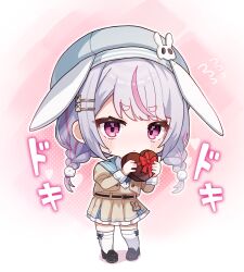  1girl animal_ears beret black_shoes blue_sailor_collar box braid chibi chibi_only closed_mouth commentary dress fake_animal_ears flying_sweatdrops frilled_dress frills grey_hat hair_ornament hairclip hat heart-shaped_box highres holding holding_box kiwipodo light_blush loafers long_hair looking_at_viewer low_twin_braids multicolored_hair parallel_hairclips pink_eyes pink_streaks pom_pom_(clothes) pom_pom_hair_ornament rabbit_ears sailor_collar shoes sidelocks solo streaked_hair thigh-highs tosaki_mimi tosaki_mimi_(5th_costume) twin_braids untranslatable_commentary valentine virtual_youtuber vspo! white_hair white_thighhighs yellow_dress 