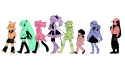  6+girls :o ahoge arm_tattoo backpack backwards_hat bag bandaged_arm bandages baseball_cap boots buttons cevio child closed_eyes closed_mouth collared_shirt commentary_request detached_sleeves dress drill_hair fishnets flower_(vocaloid) flower_(vocaloid3) gloves goggles goggles_on_head gumi hair_ornament hairclip hand_up hat hatsune_miku headphones highres hood hood_down hoodie jacket kaai_yuki kafu_(cevio) kagamine_rin kasane_teto kasane_teto_(utau) leg_up leg_warmers long_hair looking_at_another medium_hair midriff multicolored_hair multiple_girls necktie open_mouth page_number pants pinafore_dress pleated_skirt randoseru rice_deity sailor_collar school_uniform serafuku shirt shoes short_hair short_hair_with_long_locks shorts simple_background skirt sleeveless sleeveless_dress smile spot_color streaked_hair sweat synthesizer_v tattoo thigh-highs thigh_boots twin_drills twintails utau vimalion_pro vocaloid walking white_background yi_xi_(synthesizer_v) 