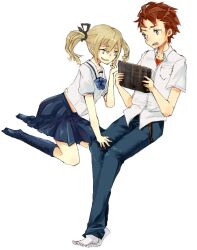  1boy 1girl blue_bow blue_pants bow chest_bow chuo_tanegashima_high_school_uniform commentary_request cropped_shirt det_(kaedb) dress_shirt holding holding_tablet_pc kneehighs koujiro_frau miniskirt no_shoes pants pleated_skirt red_shirt robotics;notes school_uniform science_adventure shirt shirt_under_shirt skirt smug socks summer_uniform t-shirt tablet_pc twintails white_shirt yashio_kaito 