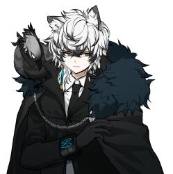  1boy animal_ear_fluff arknights bird black_coat black_gloves black_jacket black_necktie cat_boy coat coat_on_shoulders fur_coat gloves highres infection_monitor_(arknights) jacket necktie no_(xpxz7347) shirt short_hair silverash_(arknights) tenzin_(arknights) white_background white_shirt 