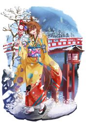  1girl :d absurdres agnes_tachyon_(umamusume) ahoge animal_ears bare_tree black_sandals blue_flower bridge brown_hair commentary english_commentary faux_figurine floral_print floral_print_kimono flower full_body hagoita hair_between_eyes hair_flower hair_ornament higeji_(higeji404) highres holding holding_paddle horse_ears horse_girl horse_tail huge_ahoge japanese_clothes kimono lantern long_sleeves looking_at_viewer medium_hair obi okobo open_mouth outdoors paddle pine_tree pink_sash platform_sandals pointing pointing_at_viewer print_kimono red_eyes sandals sash smile snow solo standing tail tree umamusume wide_sleeves yellow_kimono 