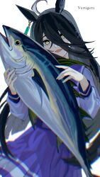 1girl absurdres ahoge animal animal_ears black_hair bow bowtie chromatic_aberration ear_tag earrings fish hair_between_eyes highres holding holding_animal holding_fish horse_ears horse_girl jewelry long_bangs long_hair long_hair_between_eyes long_sleeves looking_at_viewer manhattan_cafe_(umamusume) multicolored_hair open_mouth pleated_skirt purple_sailor_collar purple_serafuku purple_shirt purple_skirt sailor_collar sailor_shirt school_uniform serafuku shi_draco shirt simple_background single_earring skirt smile solo tracen_school_uniform tuna umamusume very_long_hair white_background white_bow white_bowtie white_hair yellow_eyes 