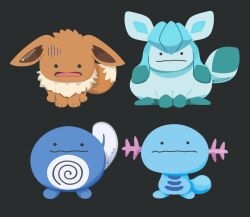  ._. :s artist_name black_background commentary_request eevee glaceon gloom_(expression) no_humans pokemon pokemon_(creature) pokemon_focus poliwag rizu_(rizunm) simple_background wooper 