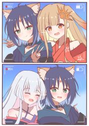  3girls animal_ear_fluff animal_ears bare_shoulders battery_indicator black_choker black_hair blonde_hair blue_hair blush cho_kaguya-hime! choker closed_eyes commentary_request detached_sleeves facing_another fang forehead_jewel fox_ears green_eyes grey_hair hair_ornament halterneck hand_on_another's_shoulder highres kaguya_(cho_kaguya-hime!) long_hair long_sleeves looking_at_viewer lop_rabbit_ears multicolored_hair multiple_girls open_mouth orange_eyes pink_hair rabbit_ears revision runami_yachiyo sakayori_iroha short_hair smile sun_hair_ornament tunakou27 two-tone_hair upper_body v viewfinder w 