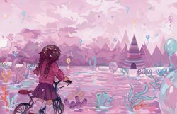  1girl absurdres balloon bicycle braid brown_hair from_behind highres in-universe_location leg_warmers looking_ahead low_twin_braids madotsuki pink_sweater purple_skirt pushing_bicycle skirt solo sweater twin_braids ufokia water white_leg_warmers yume_nikki 