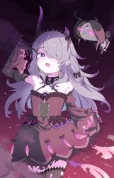  1girl absurdres bare_shoulders black_gloves black_thighhighs cafelittle chest_jewel commentary cowboy_shot dark_background detached_collar detached_sleeves dress fake_horns fire flat_chest gloves glowing glowing_eyes grey_hair hair_over_one_eye halter_dress halterneck highres hololive hololive_english horns koseki_bijou koseki_bijou_(gore_magala) lantern long_hair long_sleeves looking_at_viewer open_mouth pebble_(koseki_bijou) purple_fire solo thigh-highs torn_clothes torn_dress torn_sleeves violet_eyes virtual_youtuber 