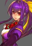  1girl antenna_hair blazblue_remix_heart bow breasts grey_background hair_bow long_hair looking_at_viewer mai_natsume ponytail purple_hair red_eyes simple_background solo unizama 