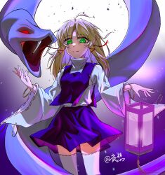  1girl animal bangle blonde_hair bracelet closed_mouth commentary_request fangs green_eyes hair_ribbon highres jewelry lantern long_hair long_sleeves looking_at_viewer mishaguji missing_headwear moriya_suwako open_mouth oversized_animal purple_skirt purple_snake purple_vest red_eyes red_ribbon ribbon ribbon-trimmed_thighhighs ribbon_trim skirt skirt_set smile snake thigh-highs touhou tress_ribbon vest white_thighhighs wide_sleeves ye_xiang_(pixiv_108357393) 