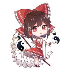  1girl between_fingers bow brown_hair chibi chibi_only commentary_request detached_sleeves frilled_bow frilled_skirt frills full_body furawast gohei hair_bow hair_tubes hakurei_reimu heart holding holding_gohei holding_ofuda long_hair looking_at_viewer ofuda ofuda_between_fingers open_mouth orb pink_eyes red_bow red_shoes red_skirt shoes simple_background skirt skirt_set solo touhou white_background yin_yang yin_yang_orb 