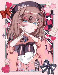  1girl alternate_eye_color aqua_nails beret black_bow black_bowtie blue_eyes blue_gem blush bow bowtie brown_hair cardigan center_frills checkered_background closed_mouth collared_shirt commentary fingernails frilled_shirt frills gem hair_bow hair_ornament hairclip hat hat_bow hat_pin heart heart_hair_ornament heart_pin hewdrawobake highres long_hair long_sleeves looking_at_viewer nail_polish nijisanji own_hands_together pink_background pink_bow pink_bowtie pink_cardigan pink_nails polka_dot polka_dot_background red_bow shirt smile solo star_(symbol) star_print striped_bow suzuhara_lulu suzuhara_lulu_(1st_costume) two-tone_bow two-tone_bowtie virtual_youtuber white_bow white_shirt 